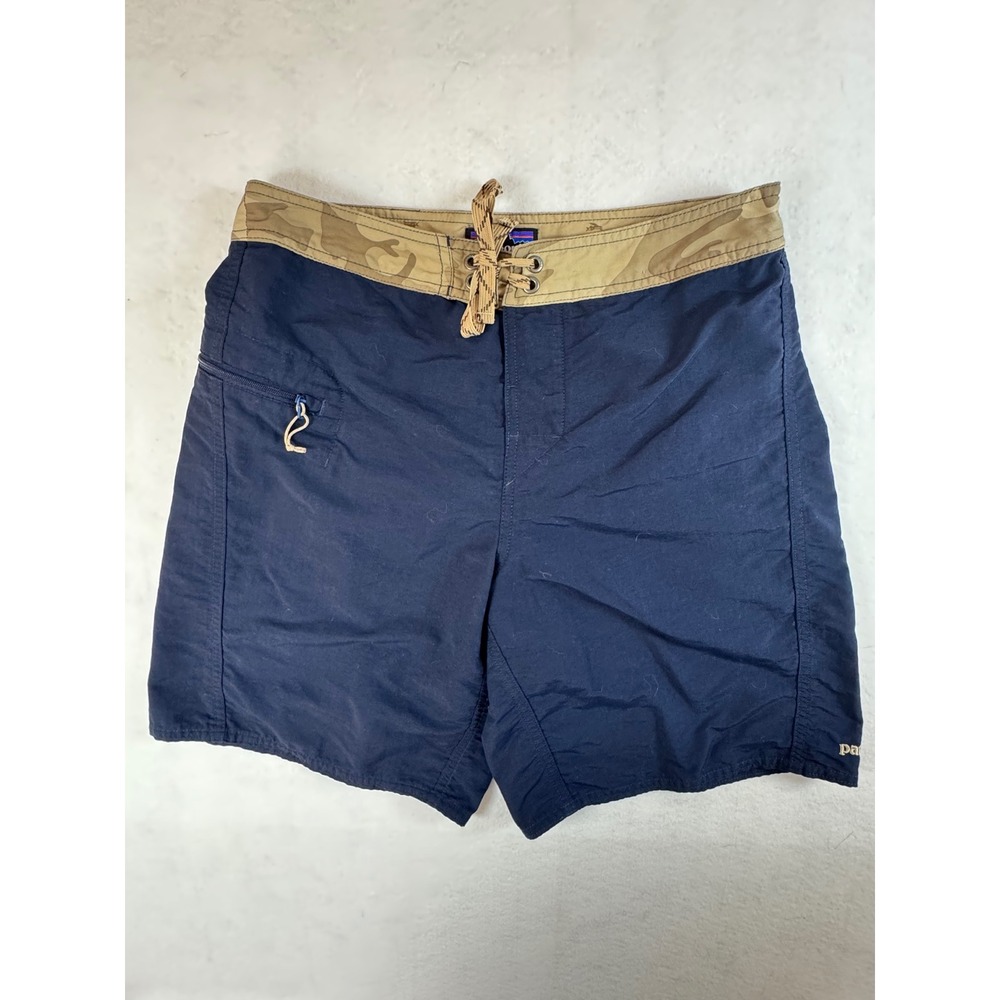 Patagonia Mens Navy Blue Camo Waist Board Shorts Swim Trunks Size 30 Zip Pocket